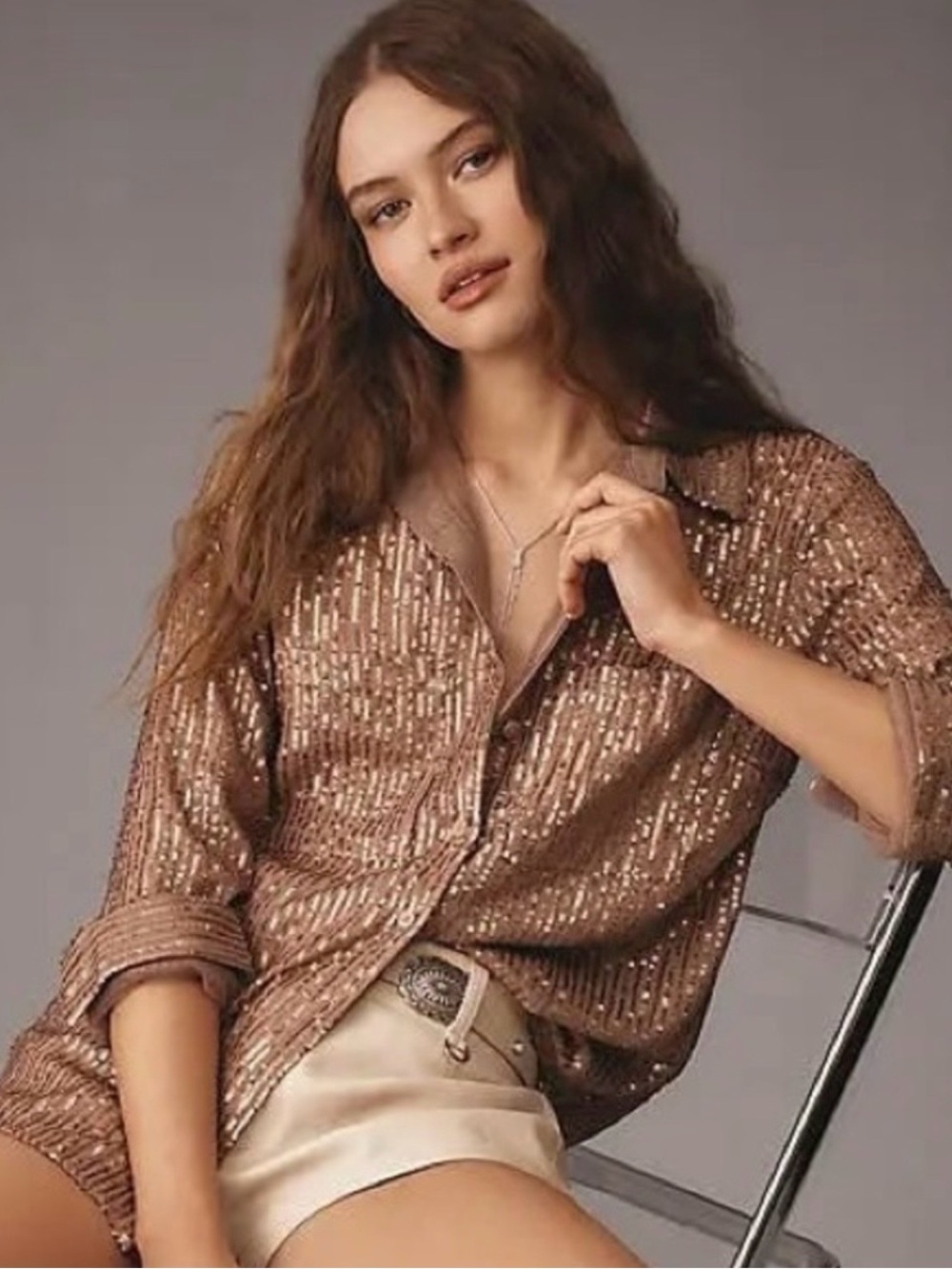 ❤️ NWT! Anthropologie The Remie Bronze Sequin Button Down Blouse XL - Picture 2 of 13